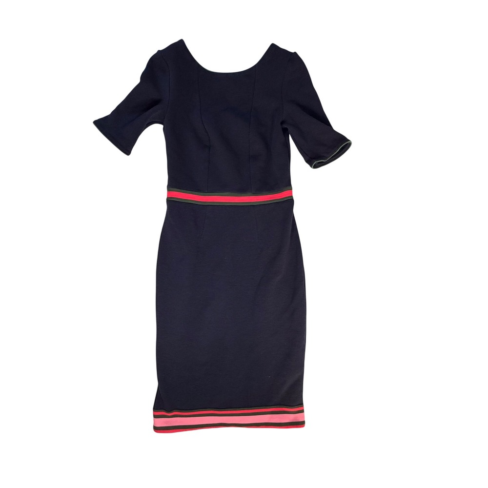 Boden Navy Blue Ottoman Rib Knit Sheath Dress Striped Trim US 6R J0139